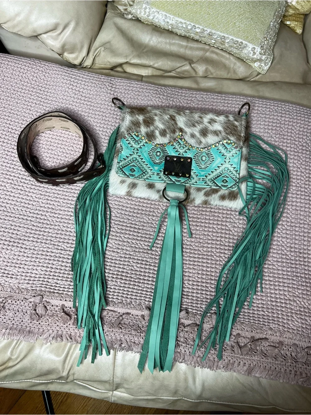 Keep It Gypsy Cowhide Turquoise Fringe Upcycled LV Crossbody Bag